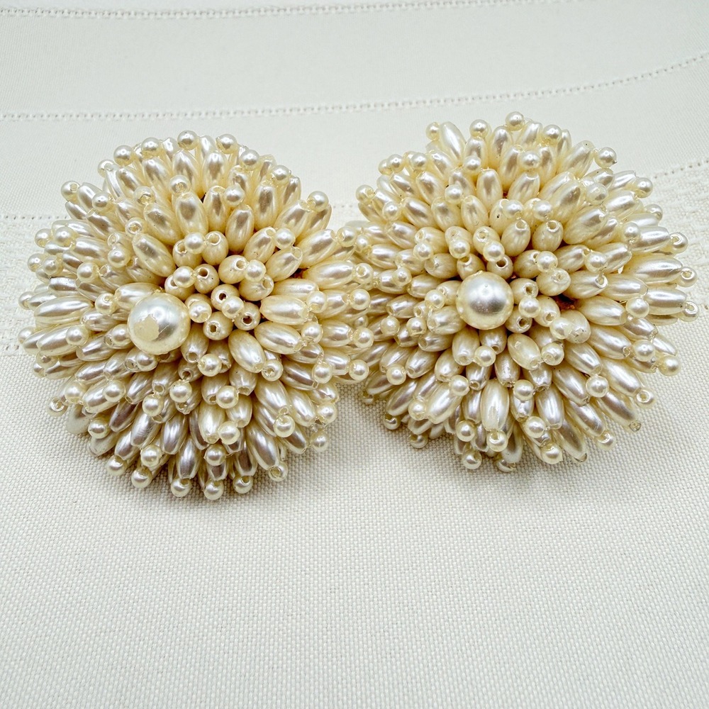 Vintage Faux Pearl Seed Bead Dome Anemone Big Statement 2" Clip-On Earrings